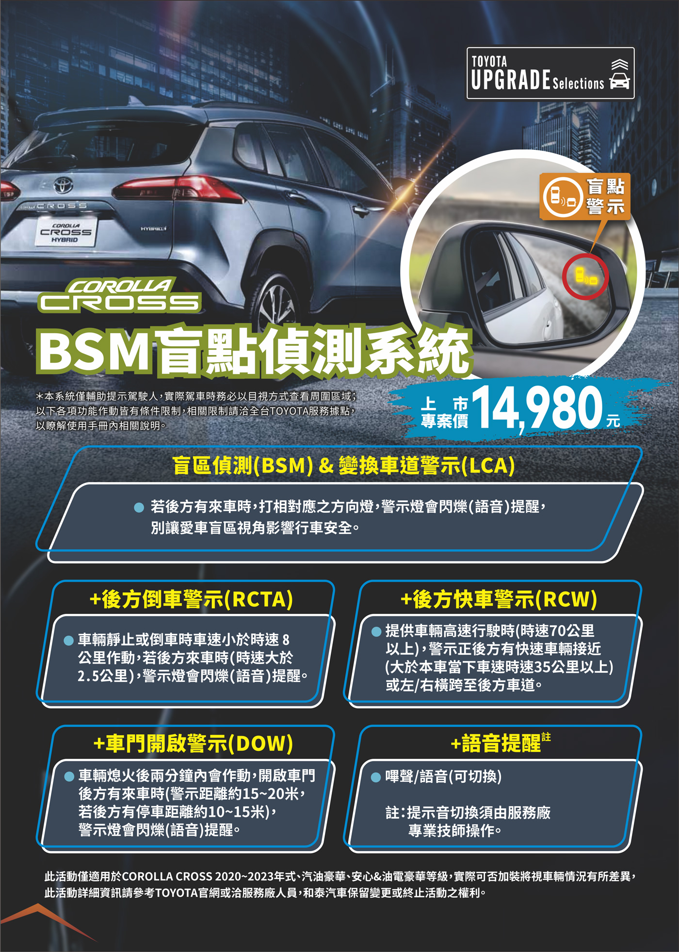盲區偵測+變換車道警示，後方倒車警示、車門開啟警示及語音提醒