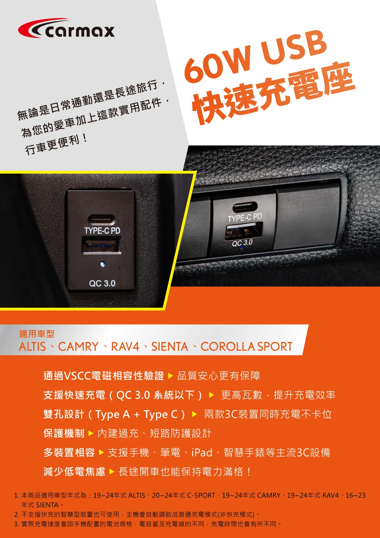 無論日常通勤或長途旅行，60W USB快速充電座讓您的愛車更實用便利